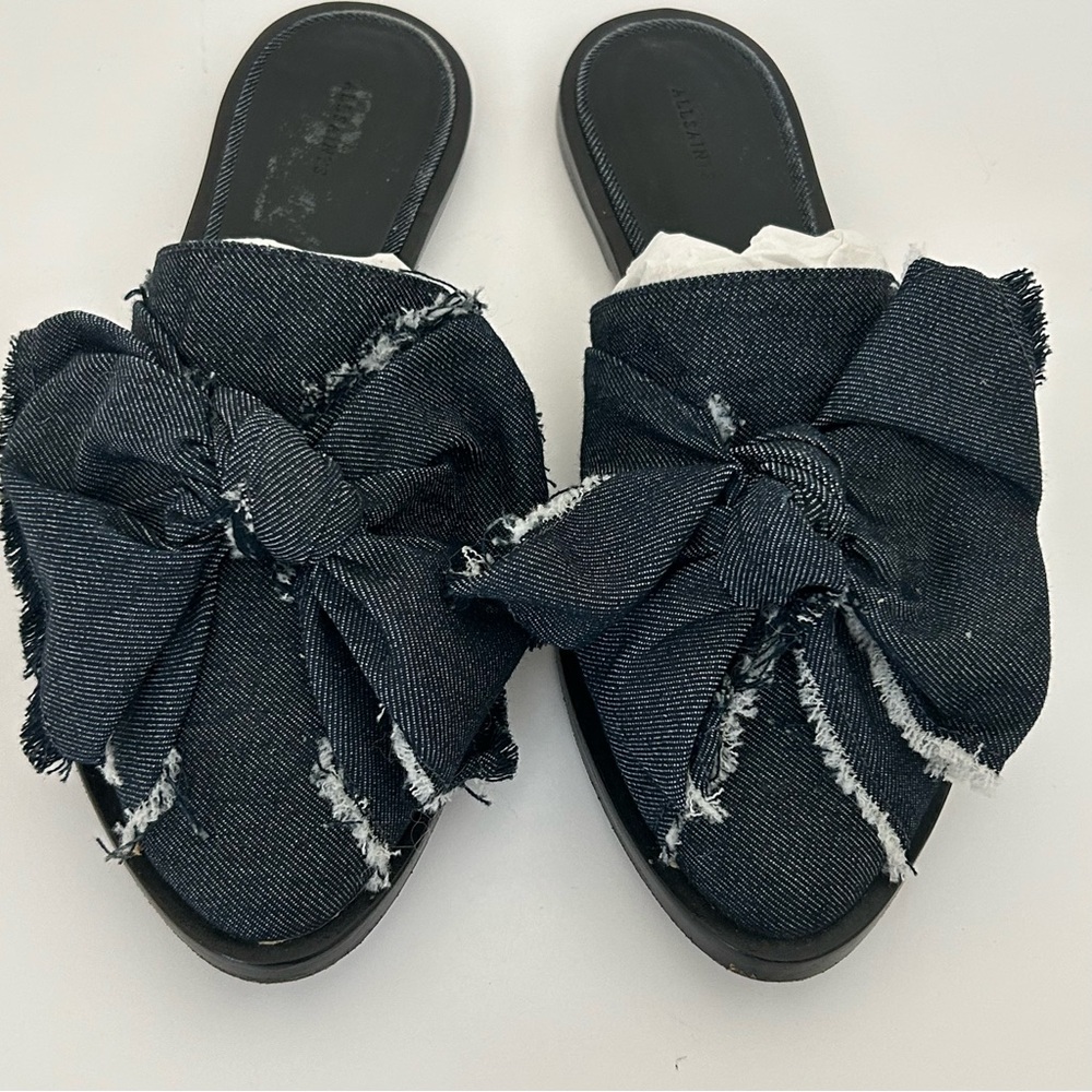 AllSaints Flats Rumour Dark Denim Bow Slip On Mules Shoes Sandals Size 37 - Picture 2 of 9